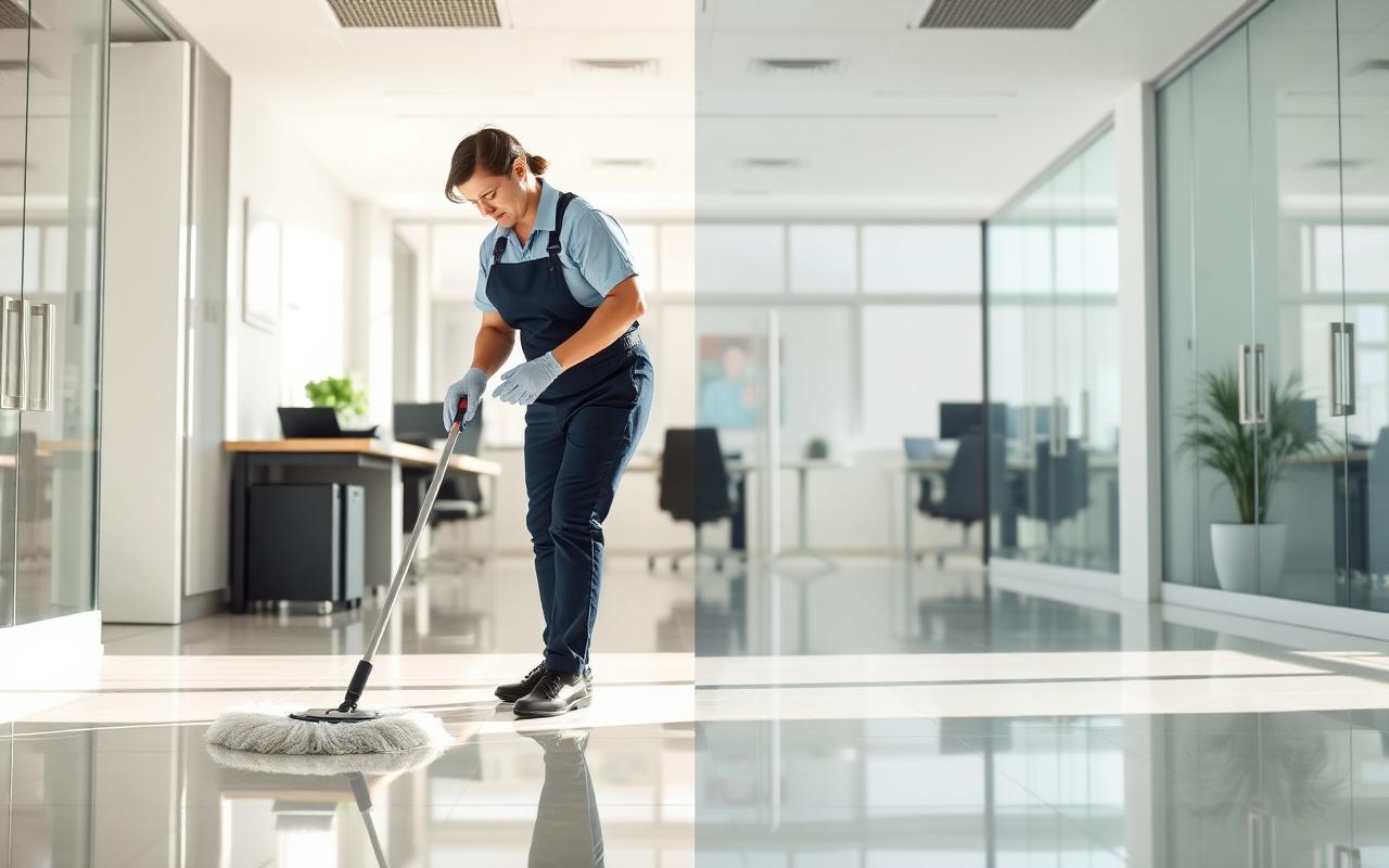 Professional cleaner mopping office floor