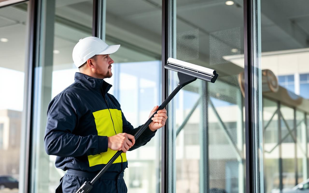 Commercial window cleaning with squeegee